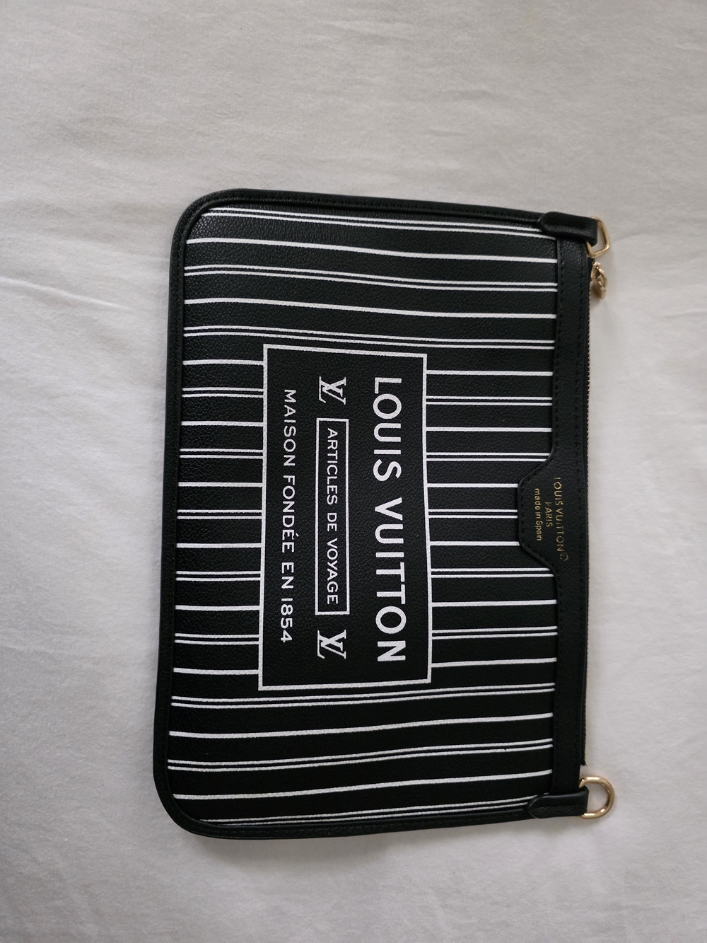 LV Black & White Striped Travel Pouch with Gold Hardware